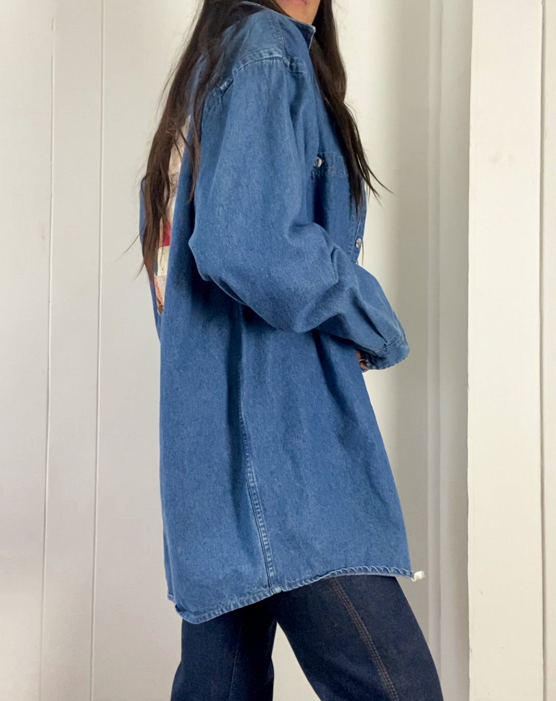 L Vintage Quilt Block Denim Button Down