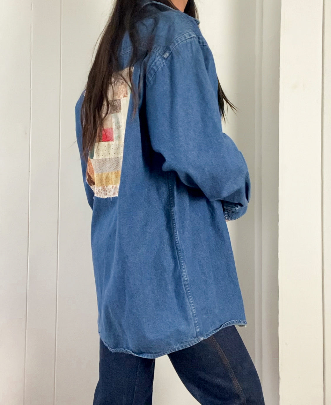 L Vintage Quilt Block Denim Button Down