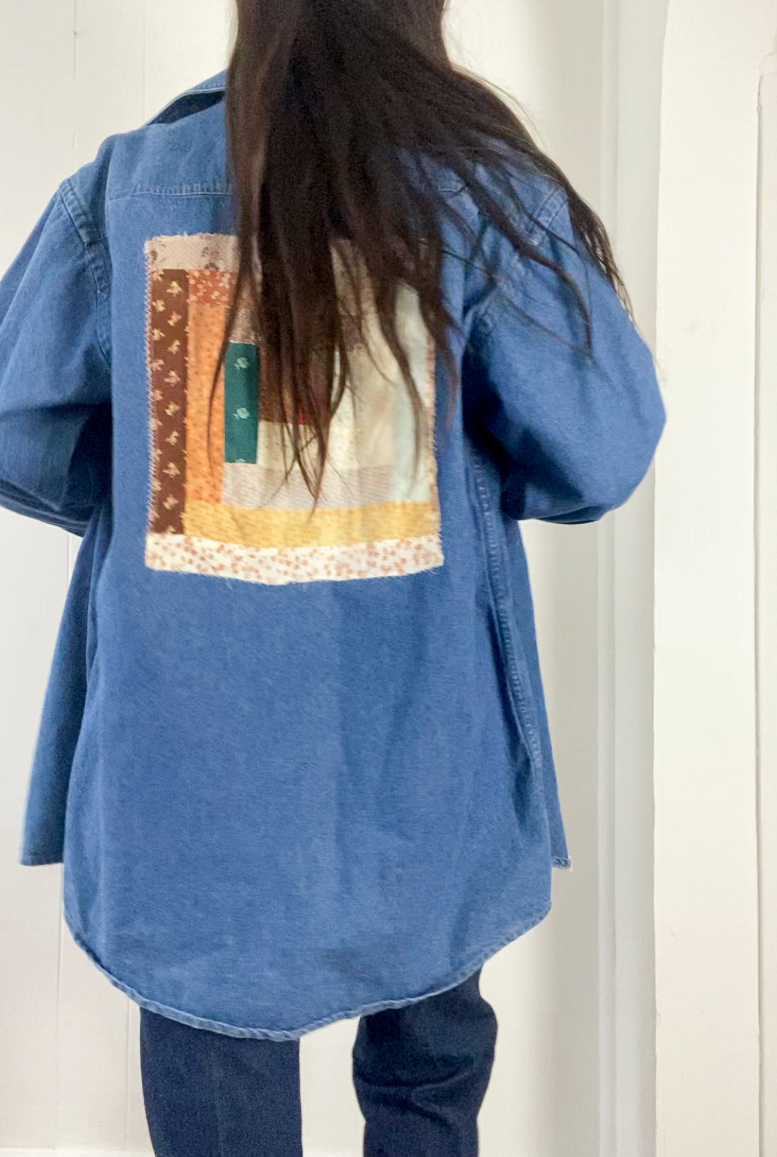 L Vintage Quilt Block Denim Button Down