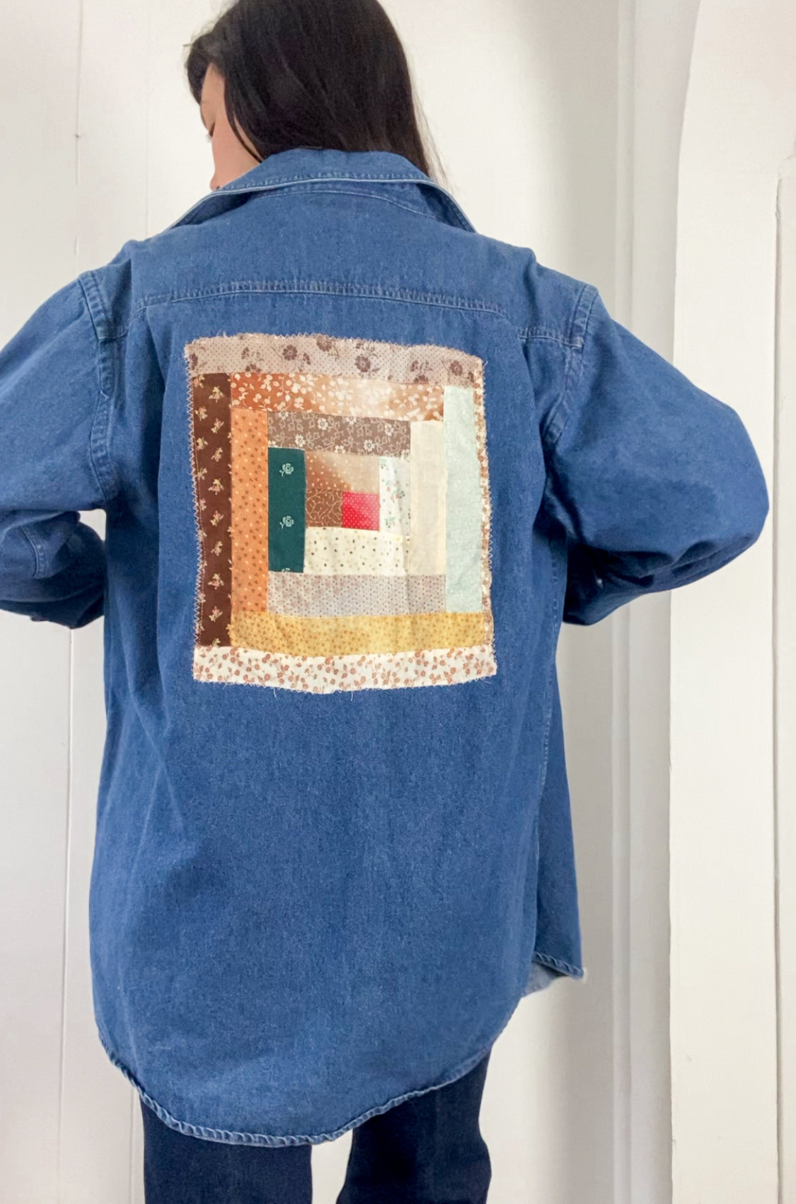 L Vintage Quilt Block Denim Button Down