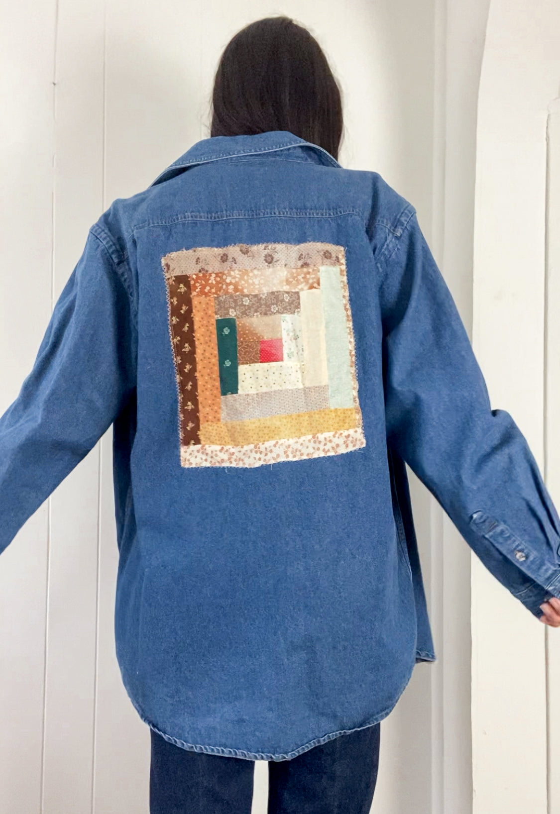 L Vintage Quilt Block Denim Button Down