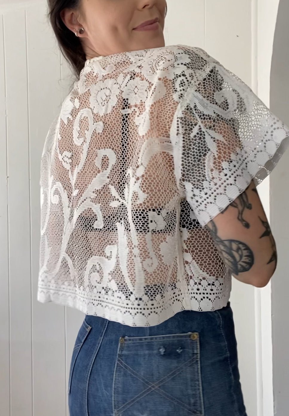 Upcycled Tie Front Lace Blouse