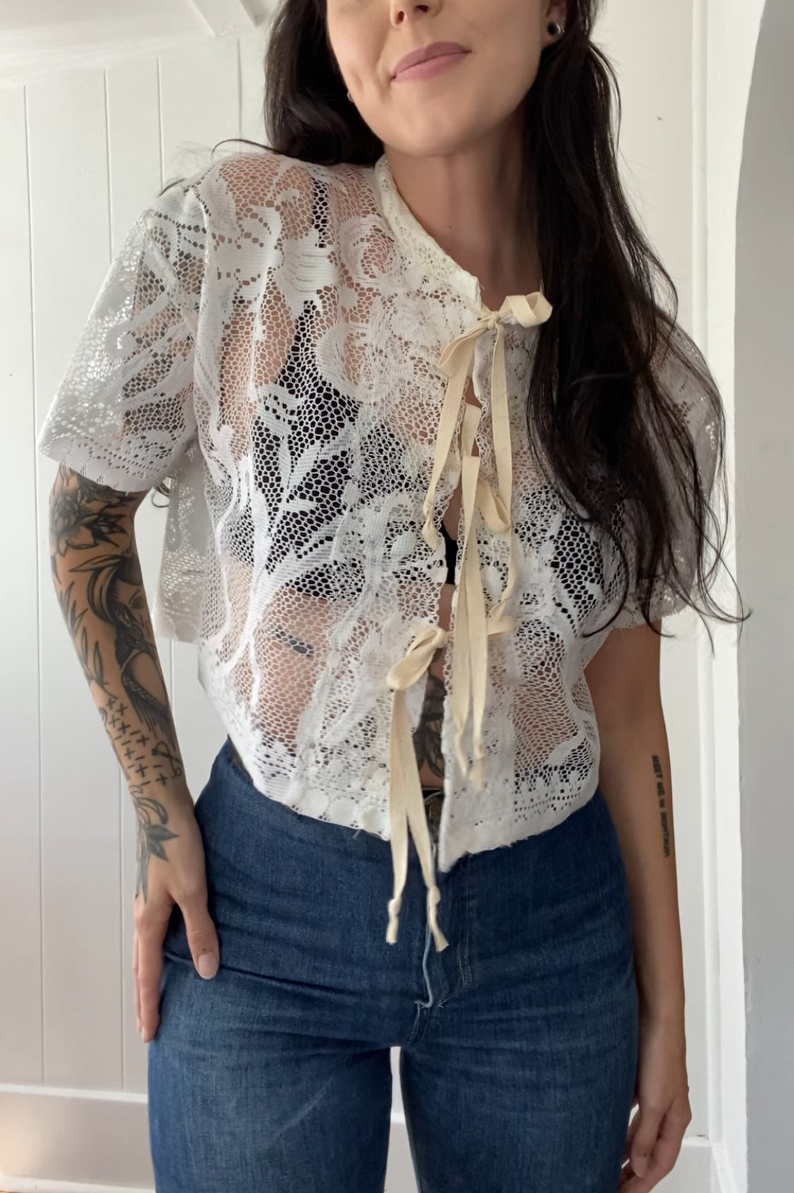 Upcycled Tie Front Lace Blouse