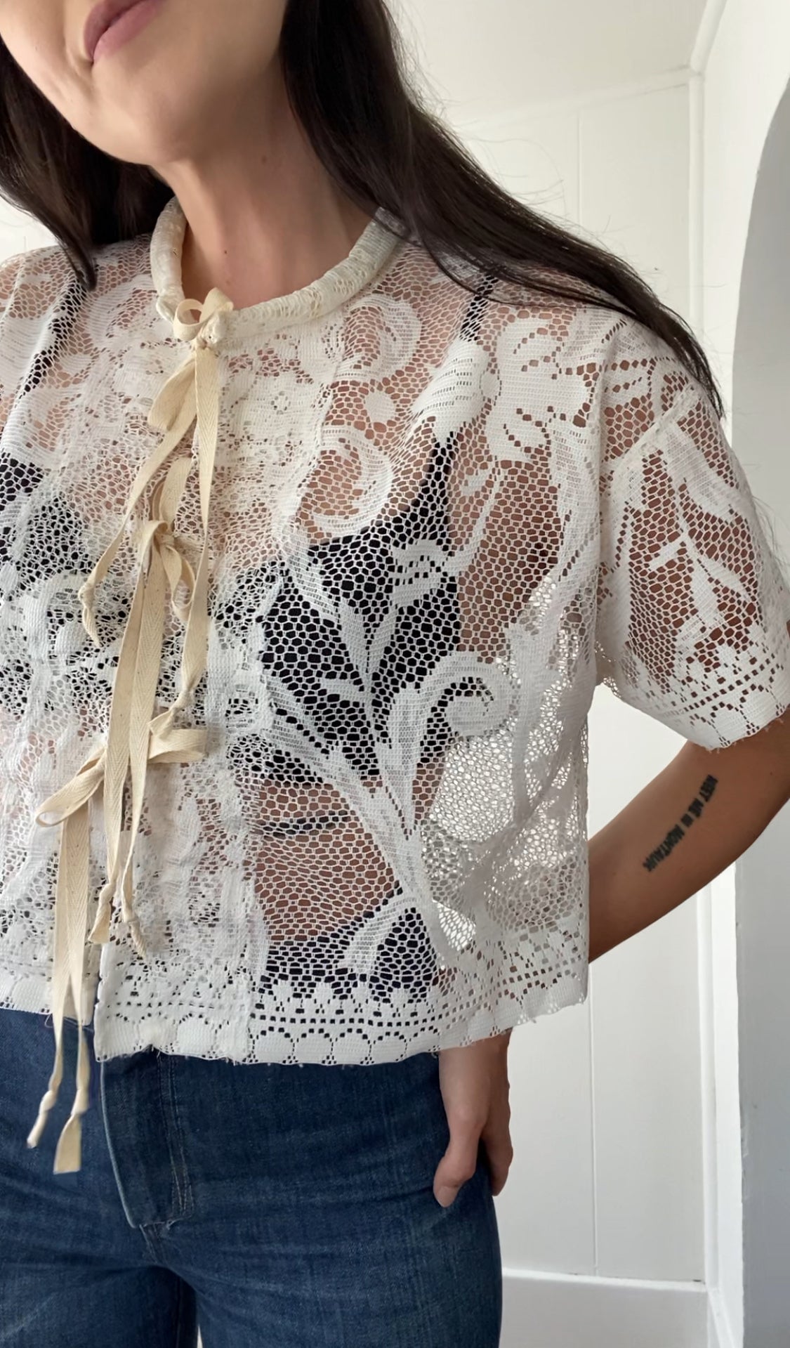 Upcycled Tie Front Lace Blouse