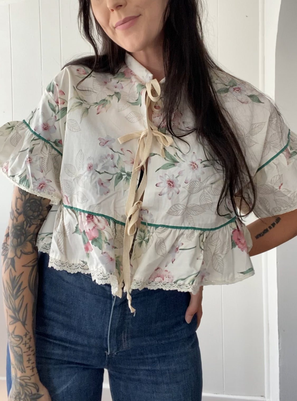 Upcycled Tie Front Blouse