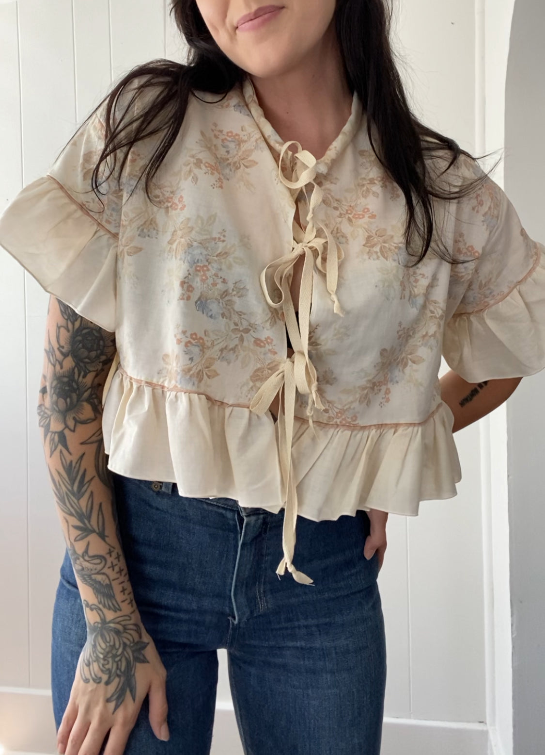 Upcycled Tie Front Blouse