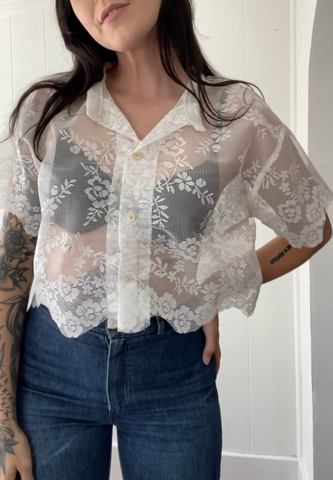 Upcycled Button Up Lace Blouse