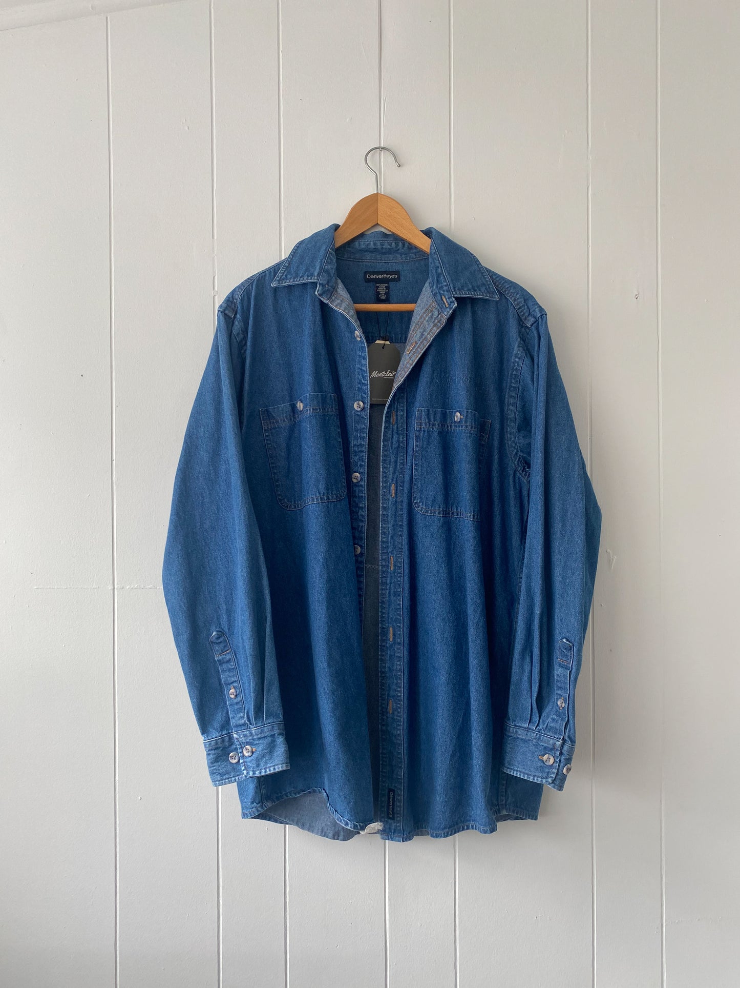 L Vintage Quilt Block Denim Button Down