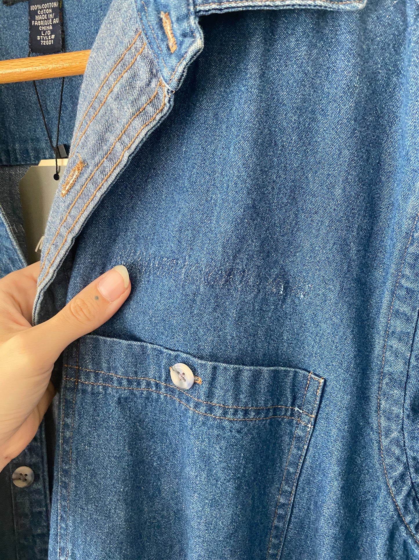 L Vintage Quilt Block Denim Button Down