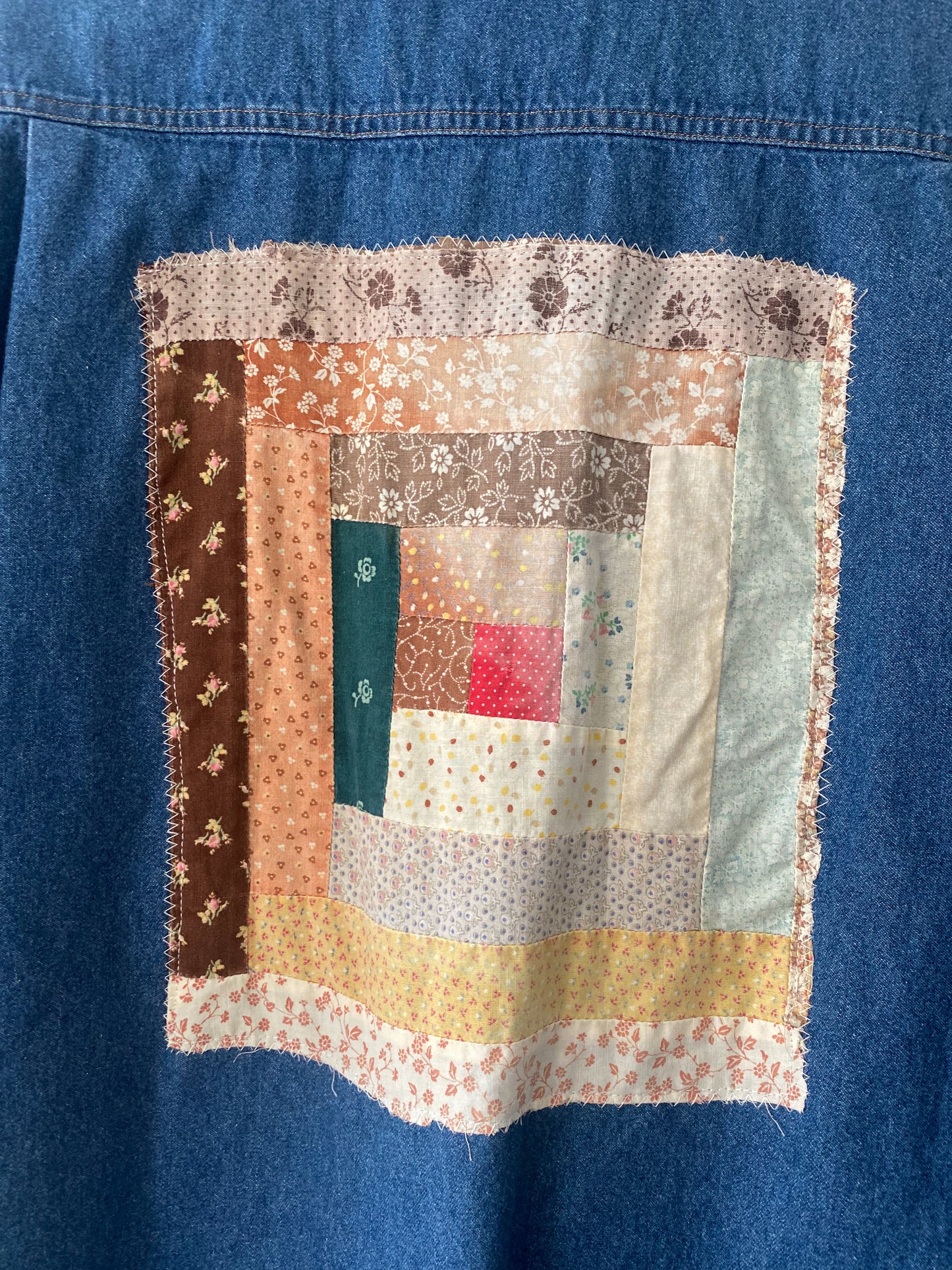 L Vintage Quilt Block Denim Button Down