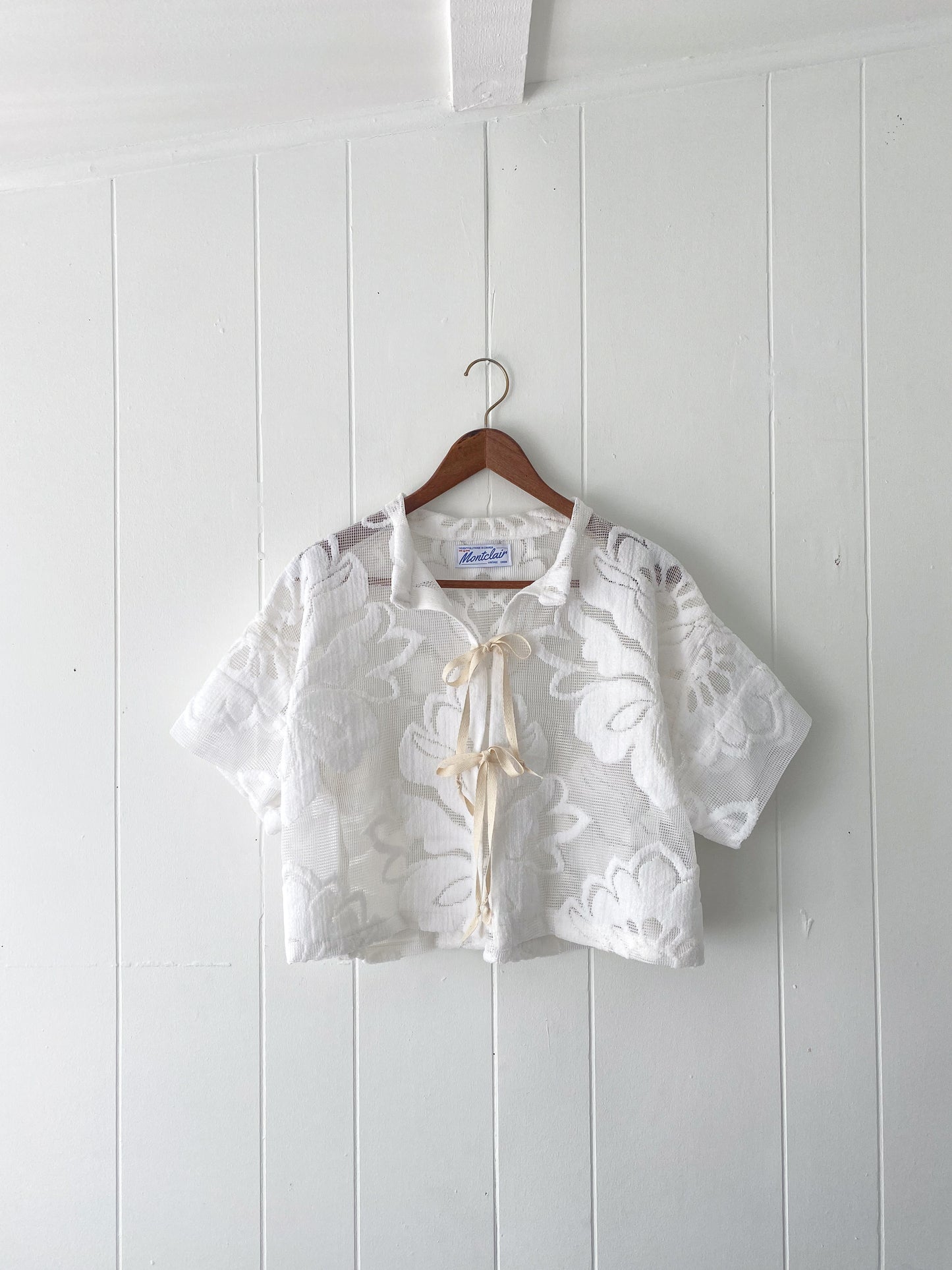 (M) Upcycled Tie Front Lace/Mesh Blouse