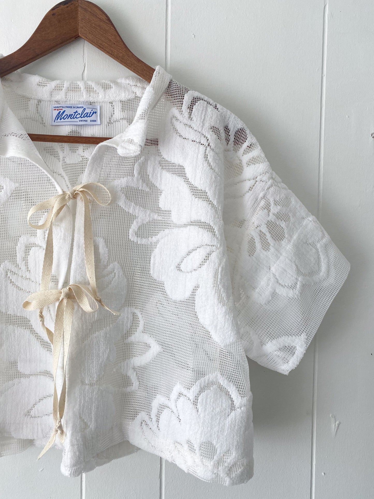 (M) Upcycled Tie Front Lace/Mesh Blouse
