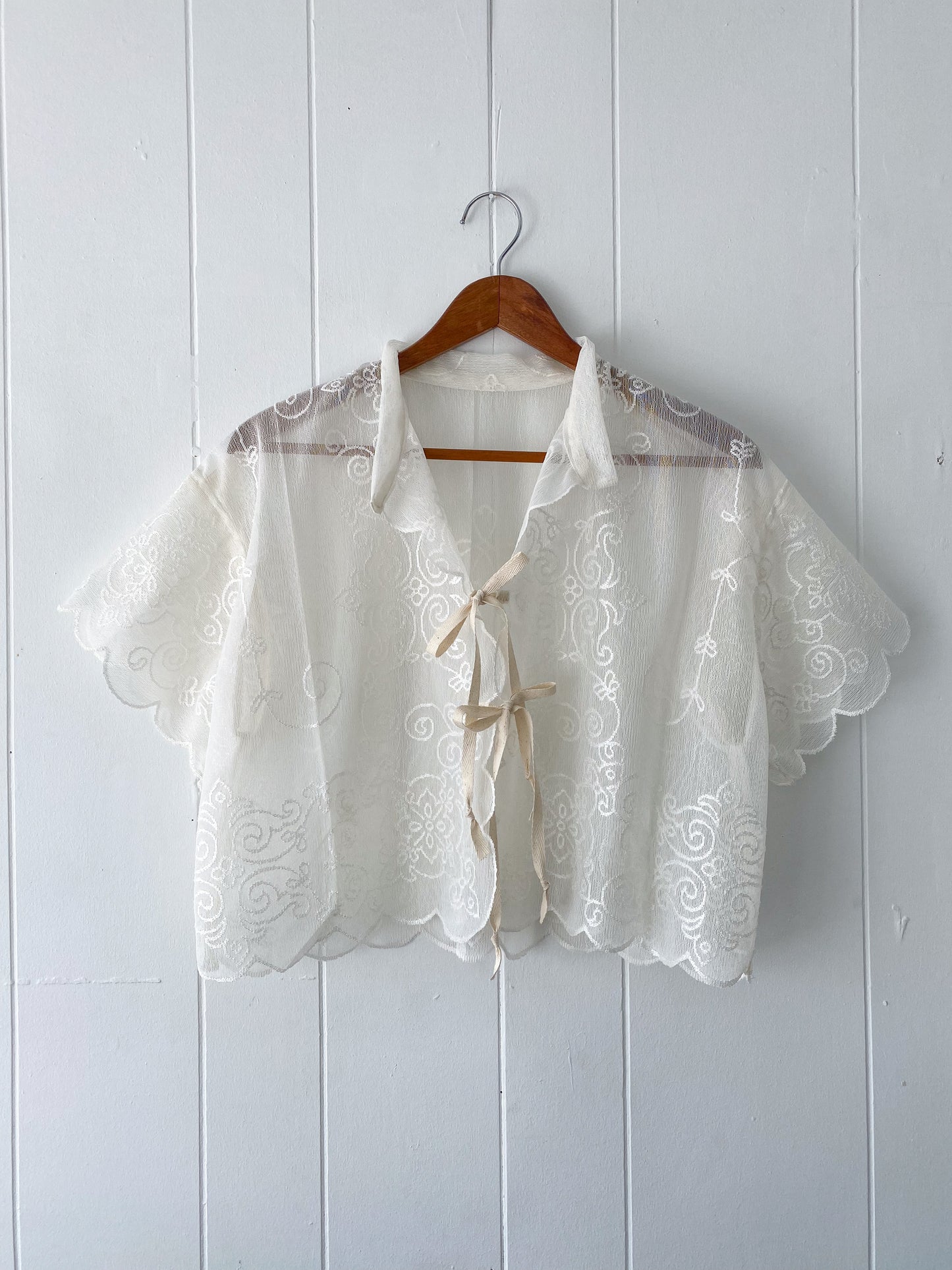 (S/M) Upcycled Tie Front Lace/Mesh Blouse