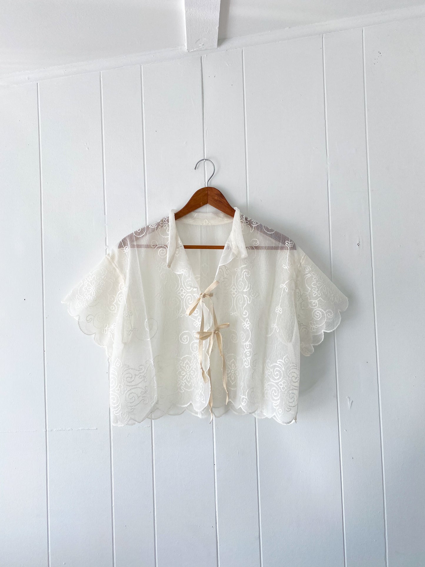 (S/M) Upcycled Tie Front Lace/Mesh Blouse