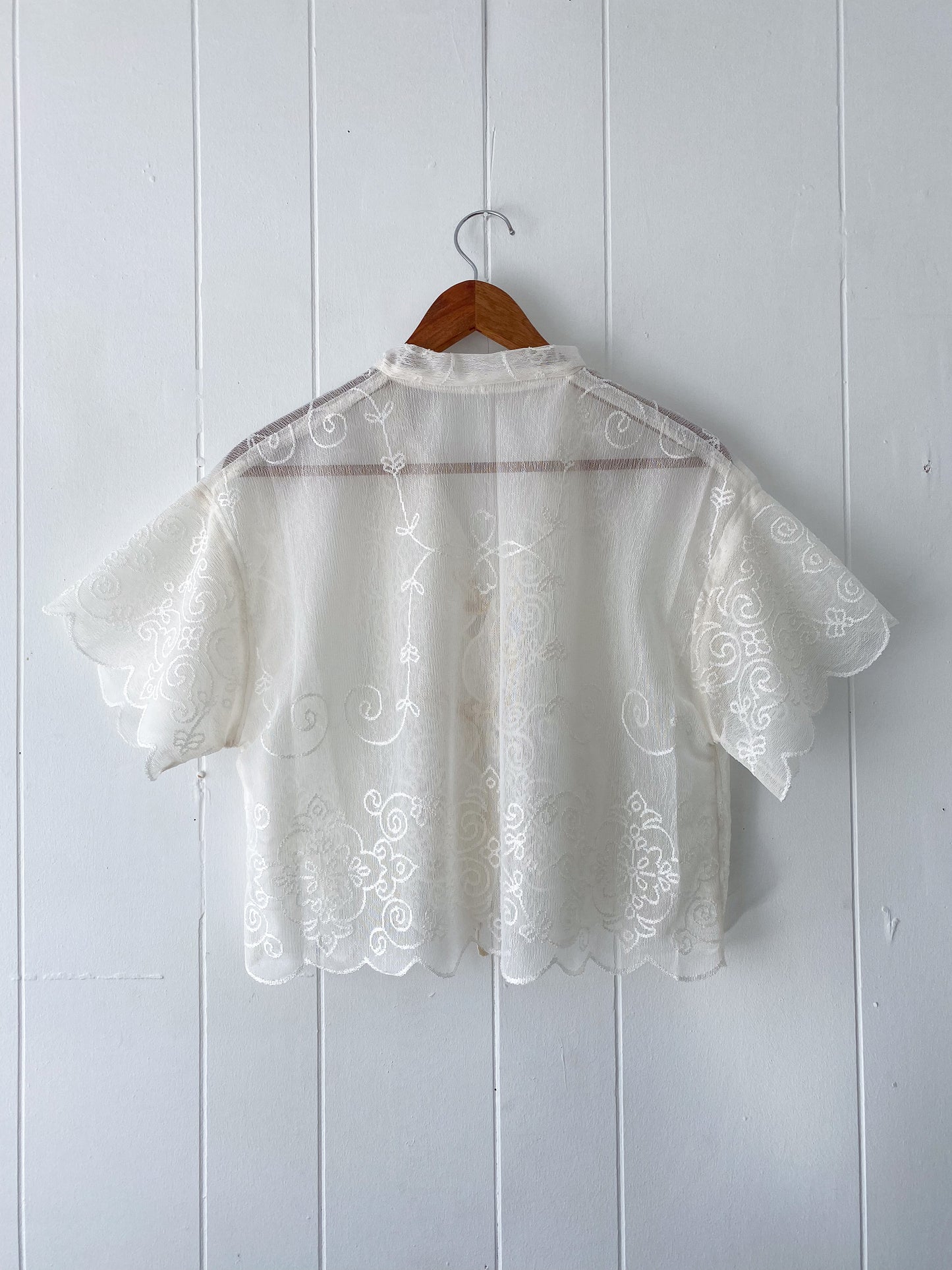 (S/M) Upcycled Tie Front Lace/Mesh Blouse