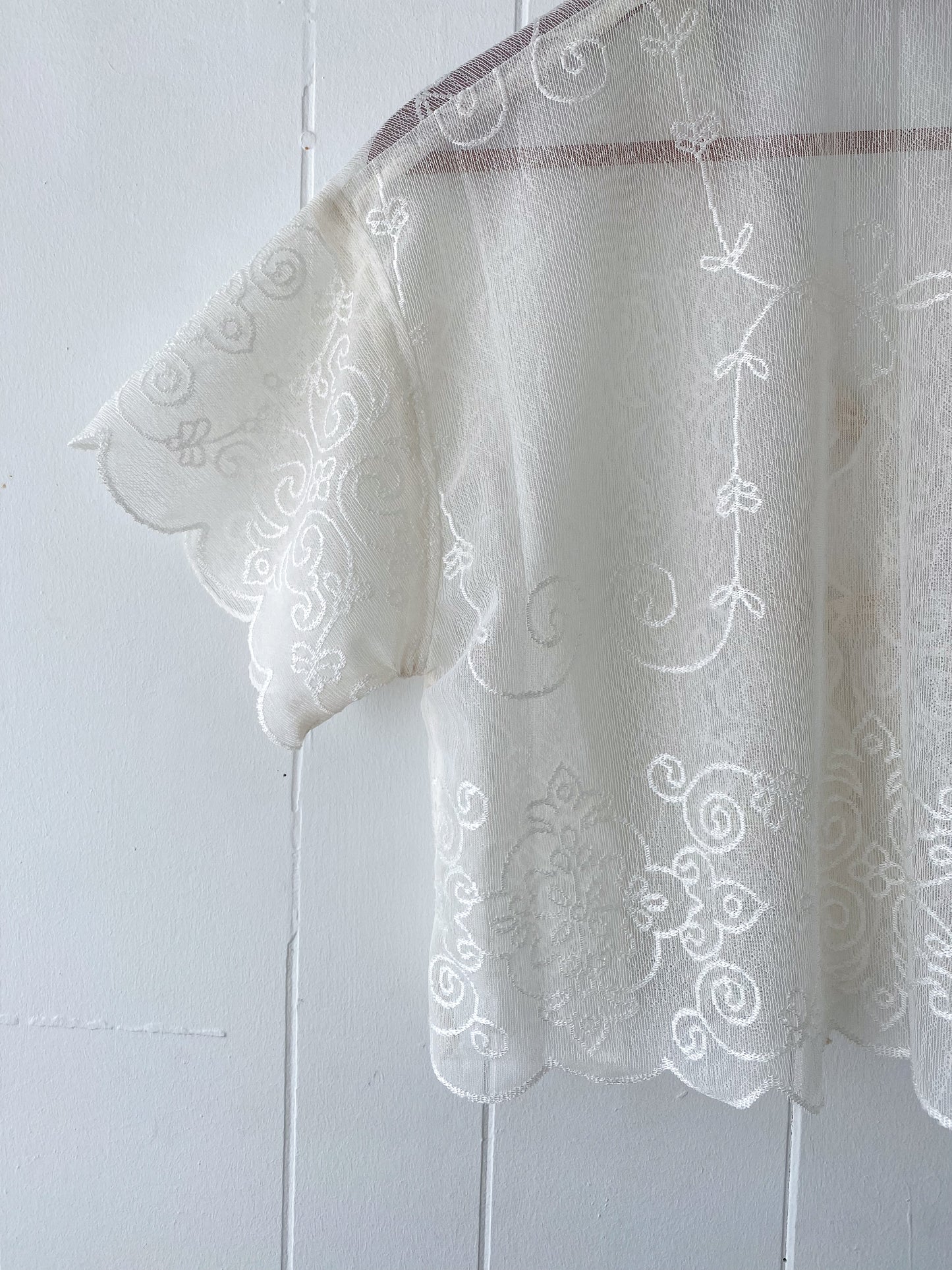 (S/M) Upcycled Tie Front Lace/Mesh Blouse
