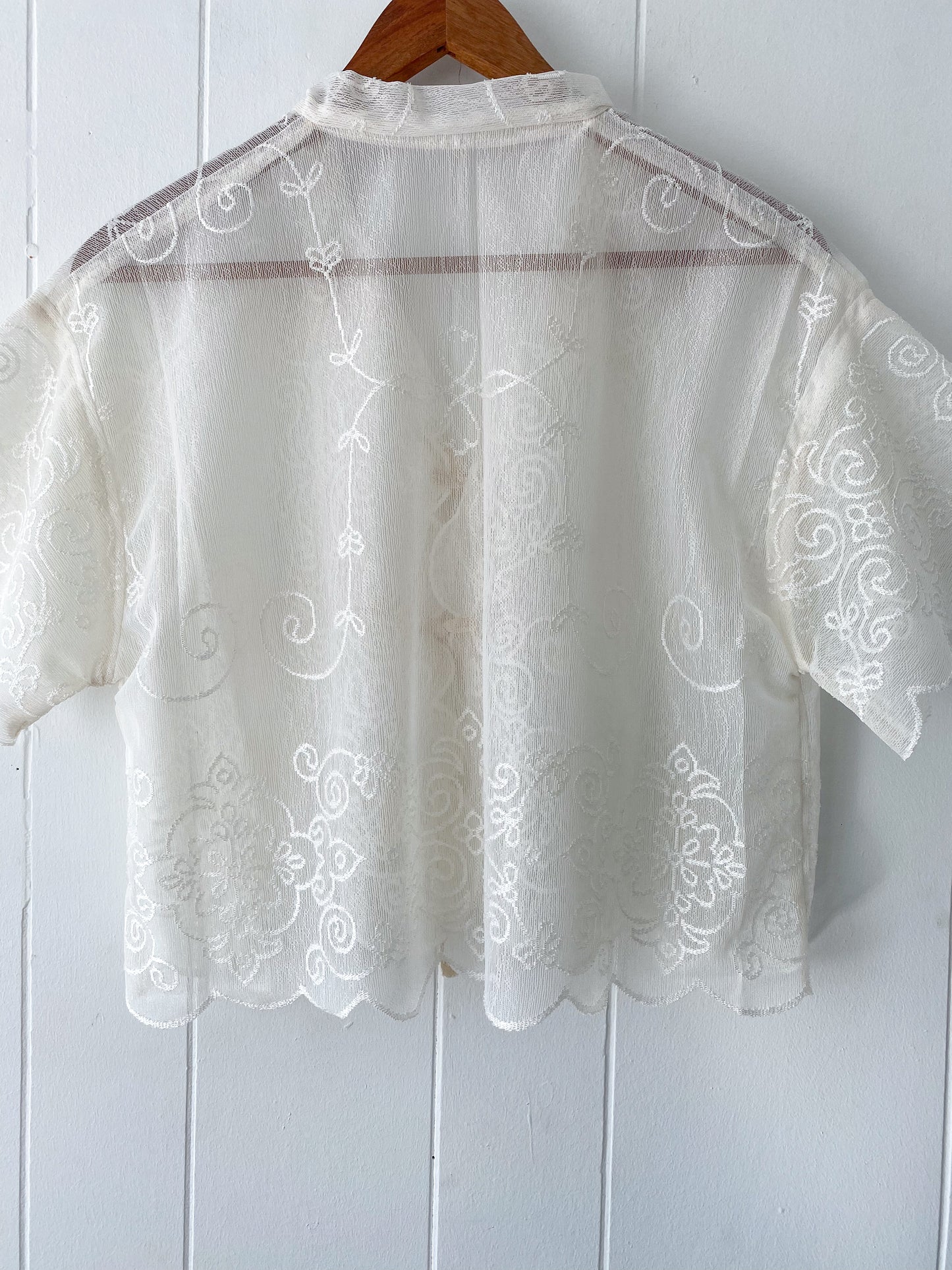 (S/M) Upcycled Tie Front Lace/Mesh Blouse