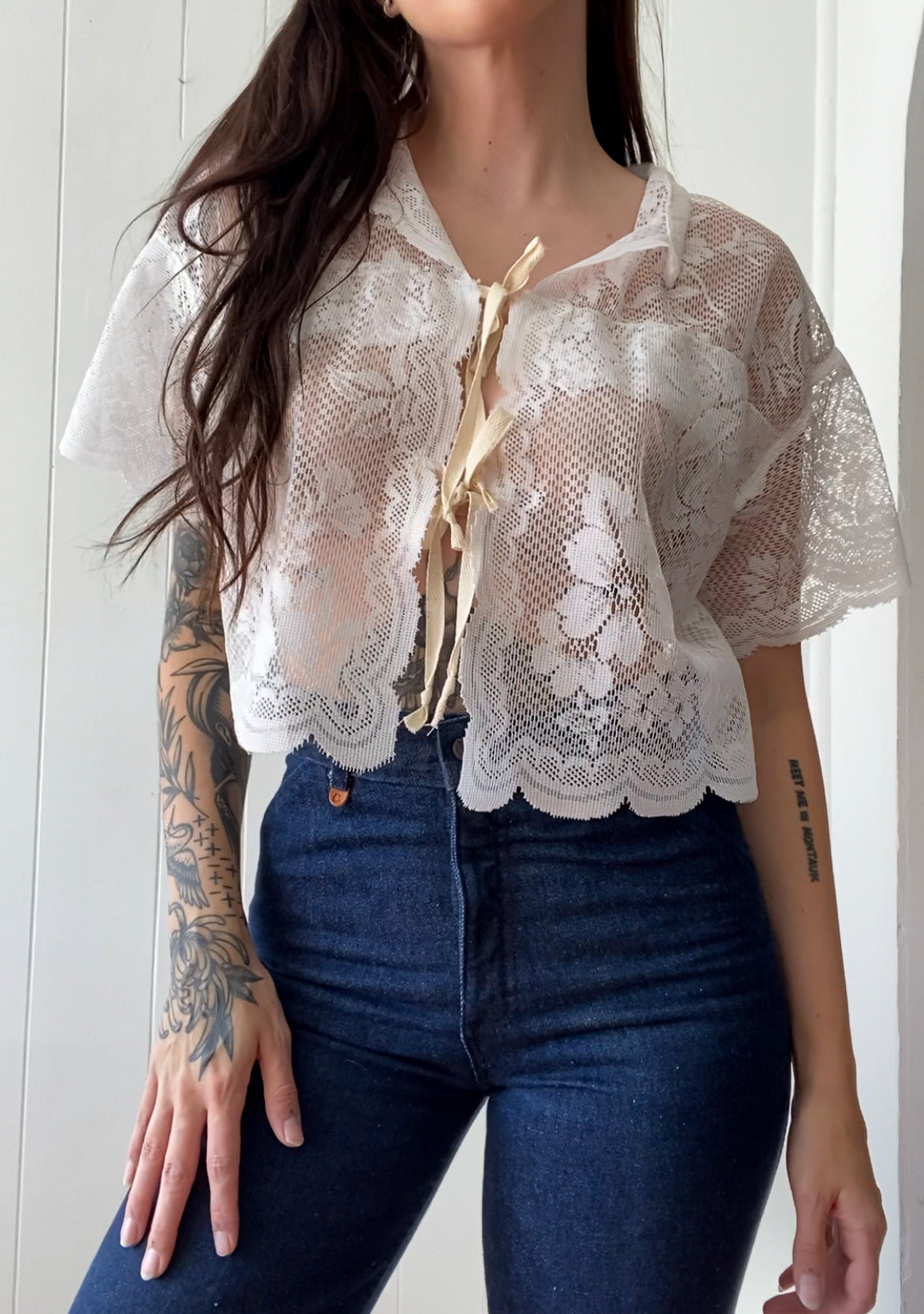 Upcycled Tie Front Lace Blouse