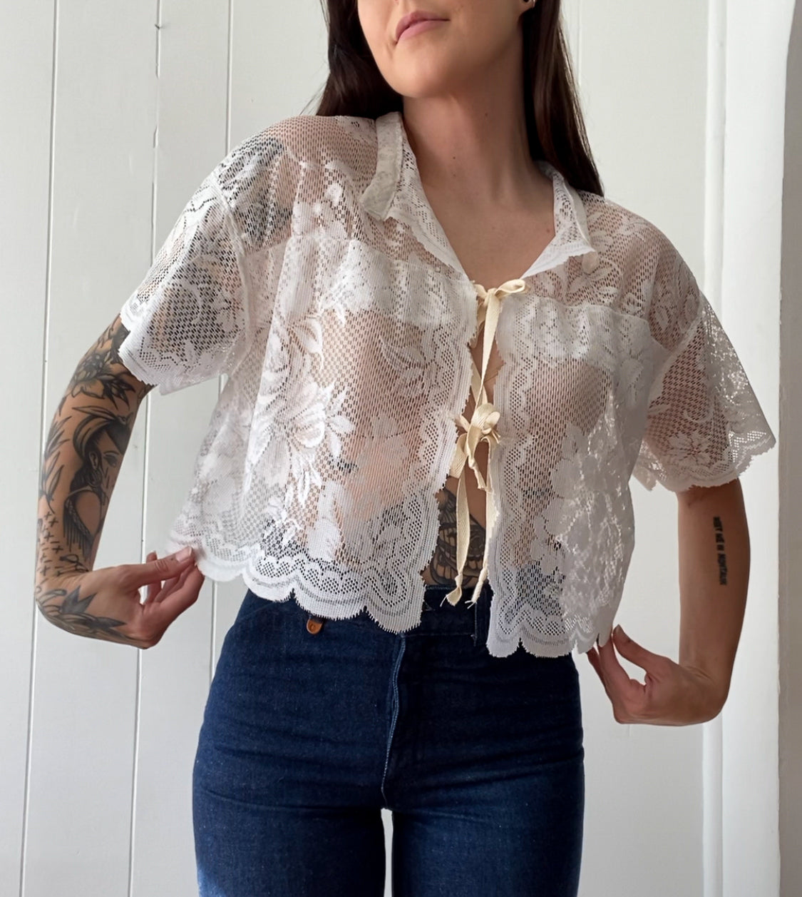 Upcycled Tie Front Lace Blouse