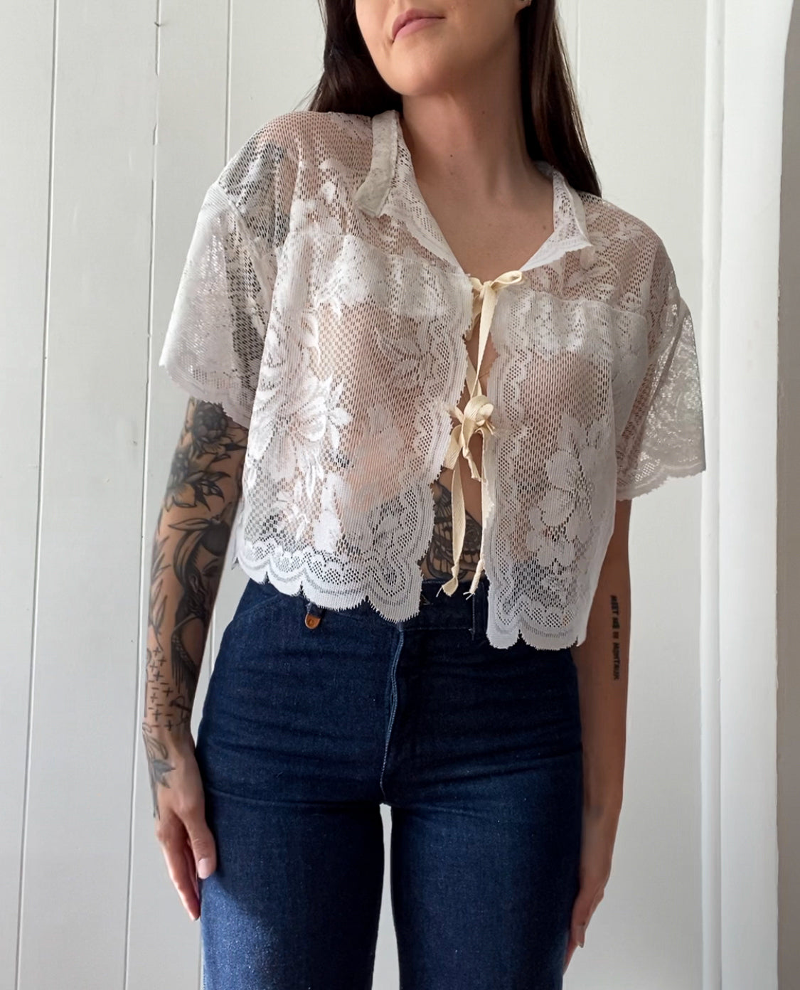 Upcycled Tie Front Lace Blouse