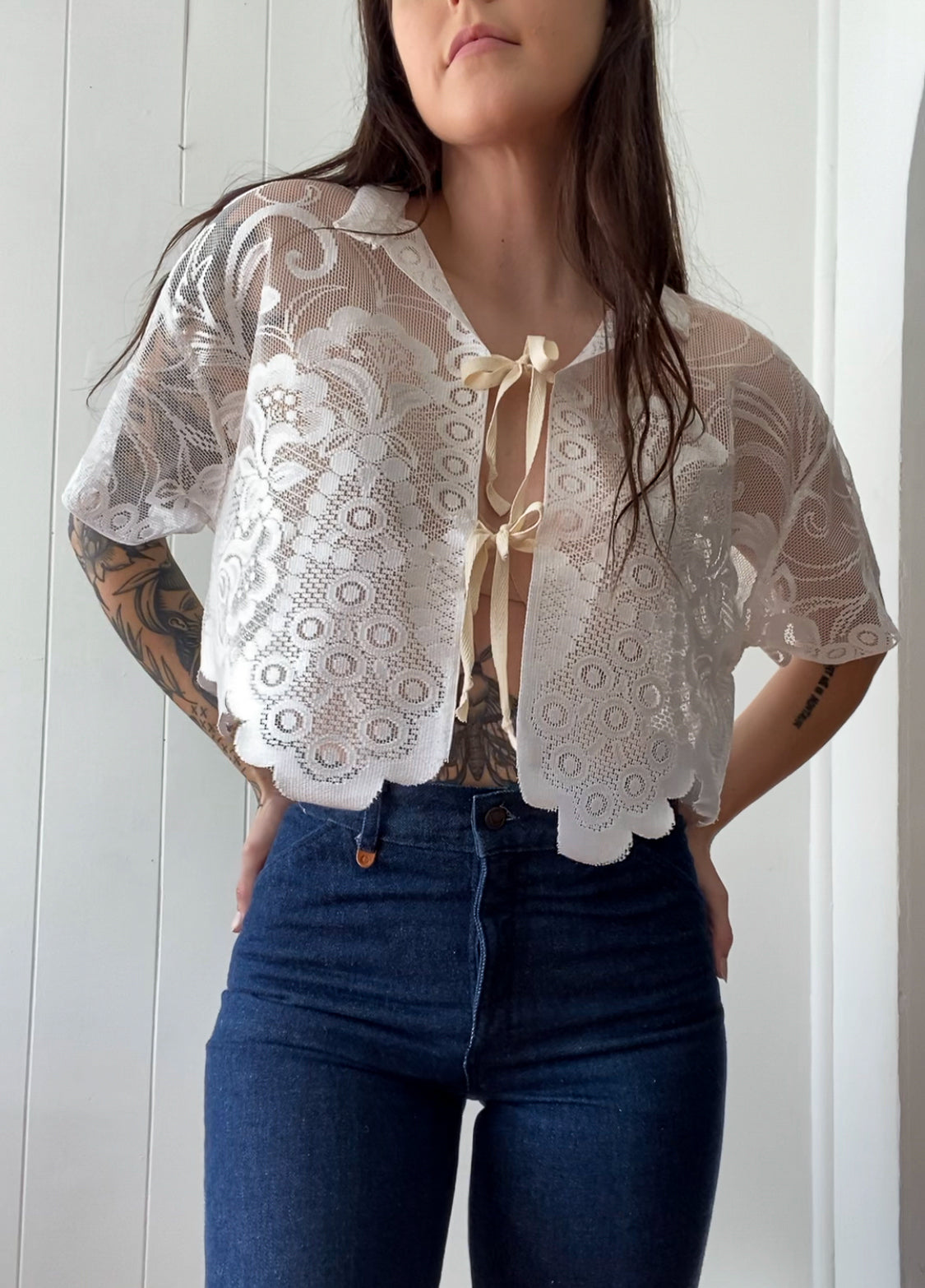 Upcycled Tie Front Lace Blouse