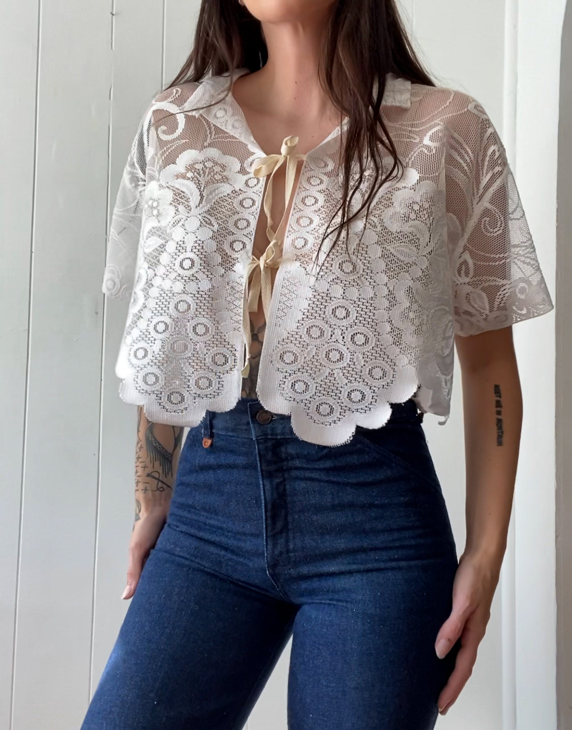 Upcycled Tie Front Lace Blouse
