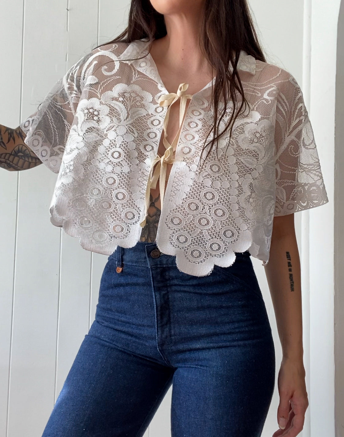 Upcycled Tie Front Lace Blouse