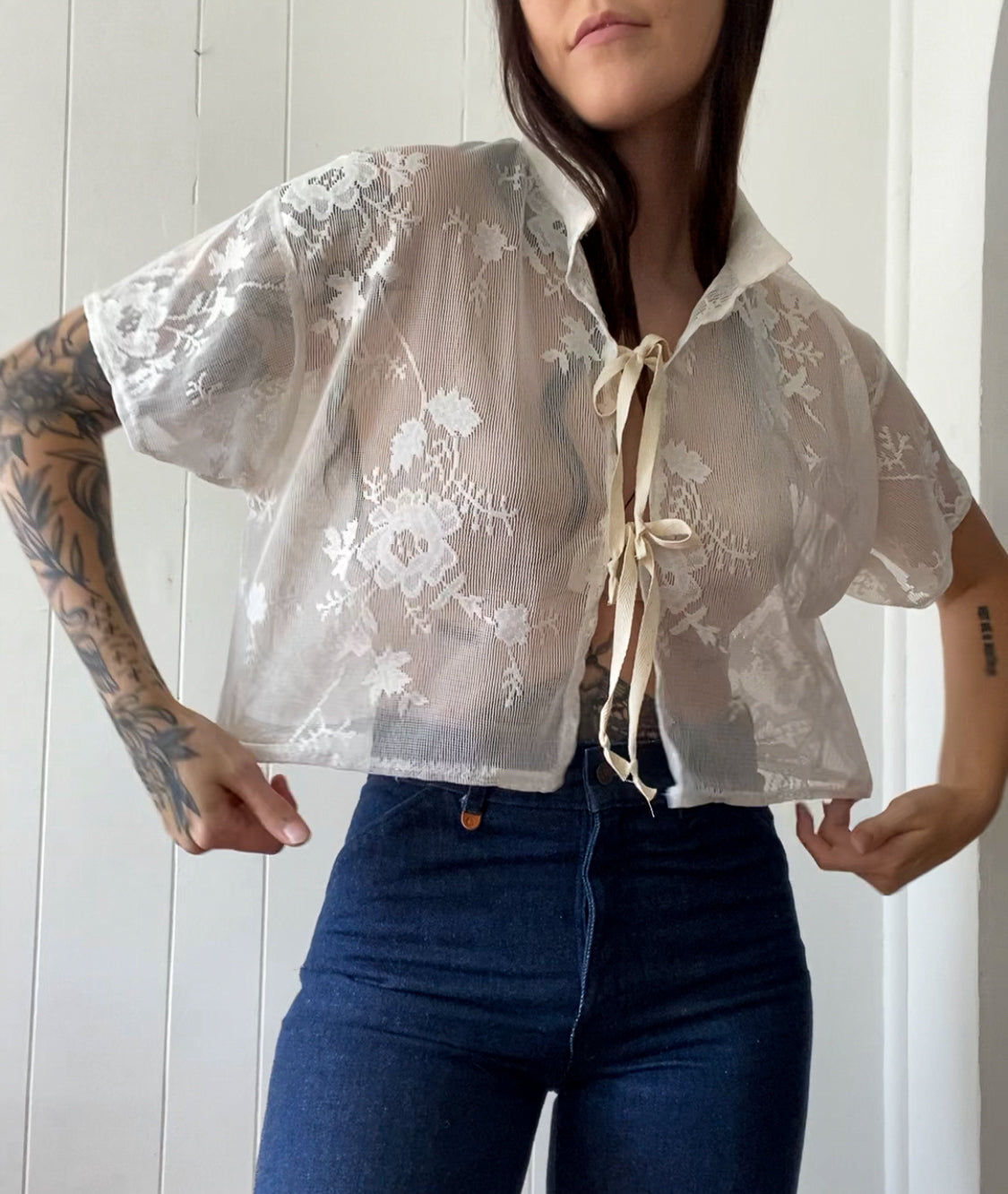 Upcycled Tie Front Lace Blouse