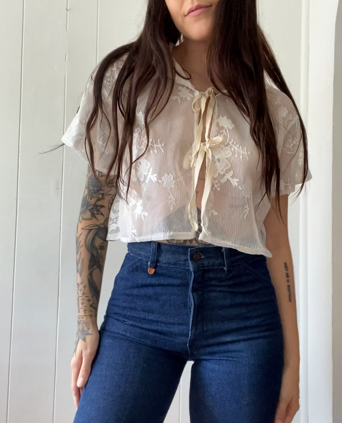 Upcycled Tie Front Lace Blouse