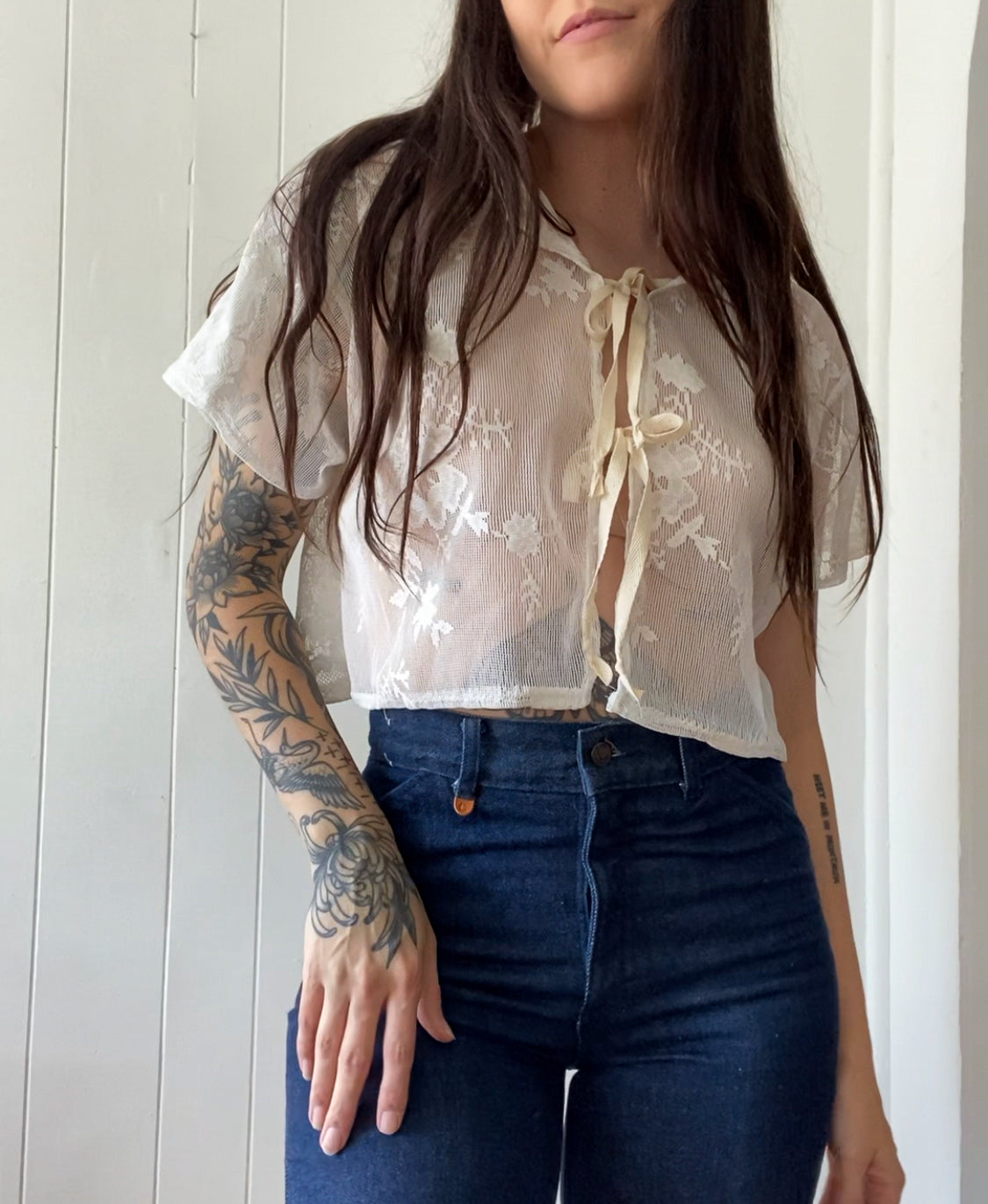 Upcycled Tie Front Lace Blouse