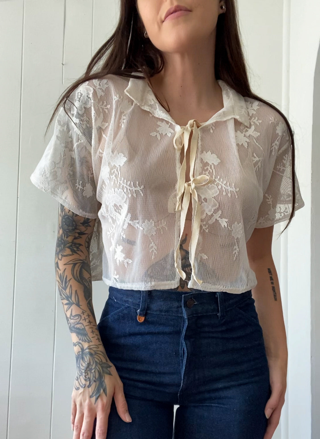Upcycled Tie Front Lace Blouse