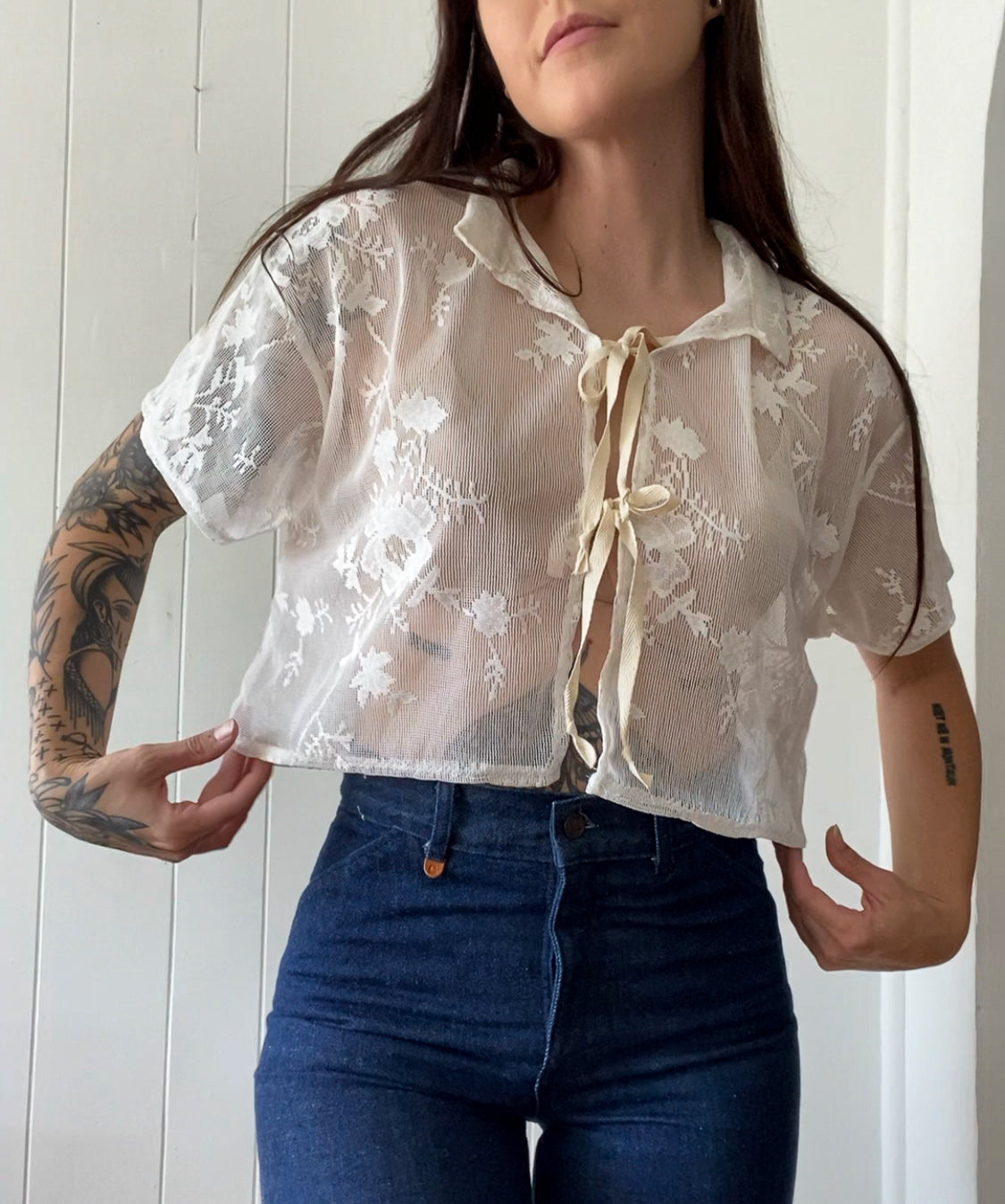 Upcycled Tie Front Lace Blouse