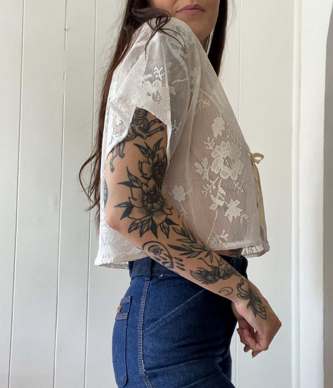 Upcycled Tie Front Lace Blouse