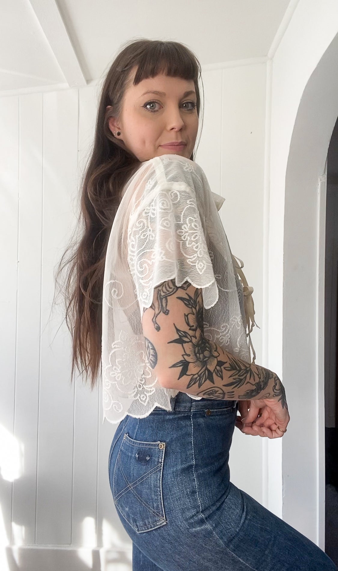 (S/M) Upcycled Tie Front Lace/Mesh Blouse