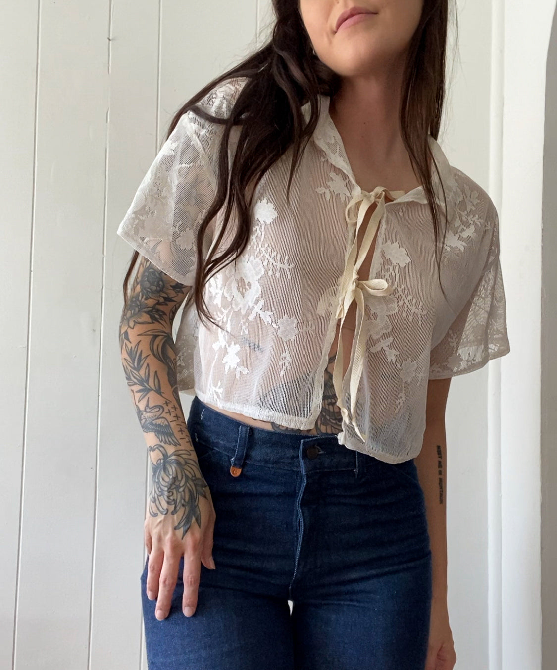 Upcycled Tie Front Lace Blouse