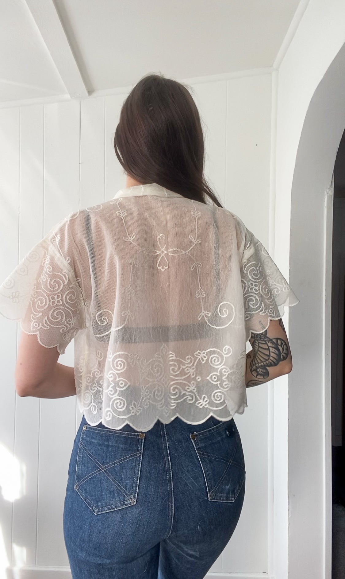 (S/M) Upcycled Tie Front Lace/Mesh Blouse