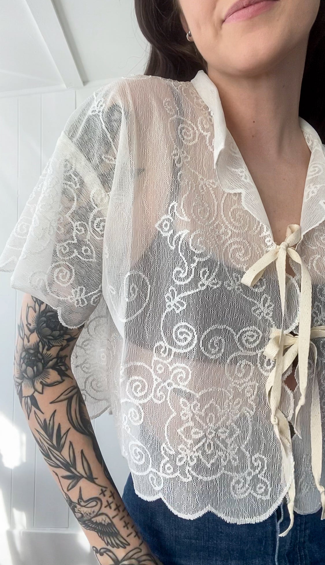 (S/M) Upcycled Tie Front Lace/Mesh Blouse