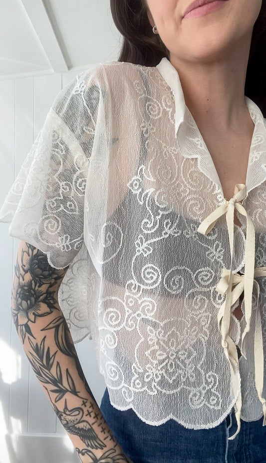 (S/M) Upcycled Tie Front Lace/Mesh Blouse