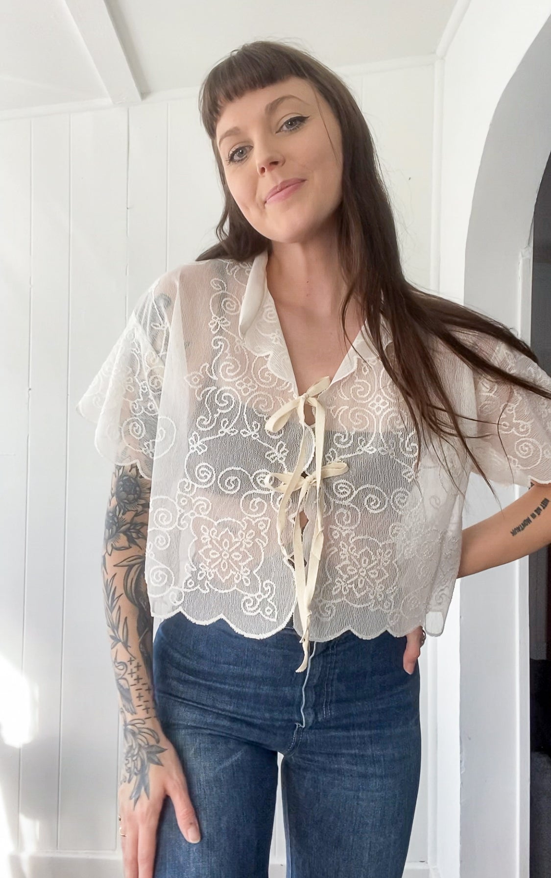 (S/M) Upcycled Tie Front Lace/Mesh Blouse