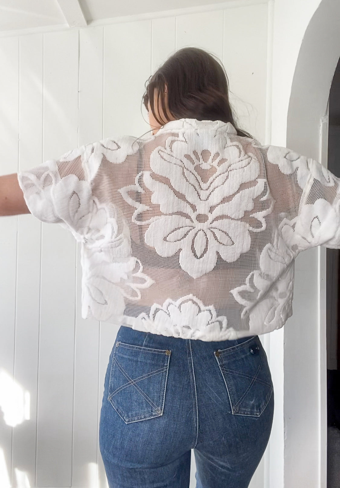 (M) Upcycled Tie Front Lace/Mesh Blouse