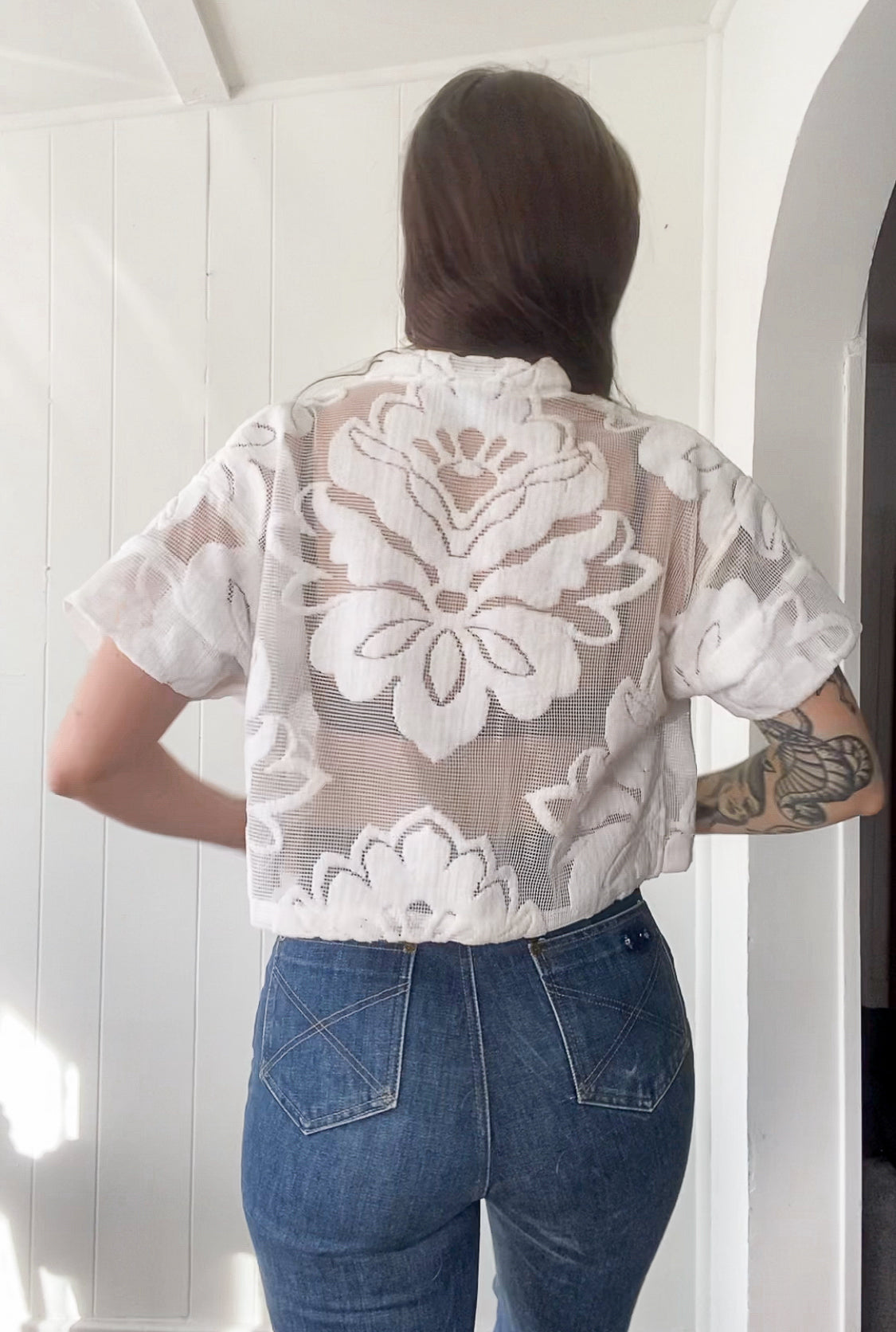 (M) Upcycled Tie Front Lace/Mesh Blouse
