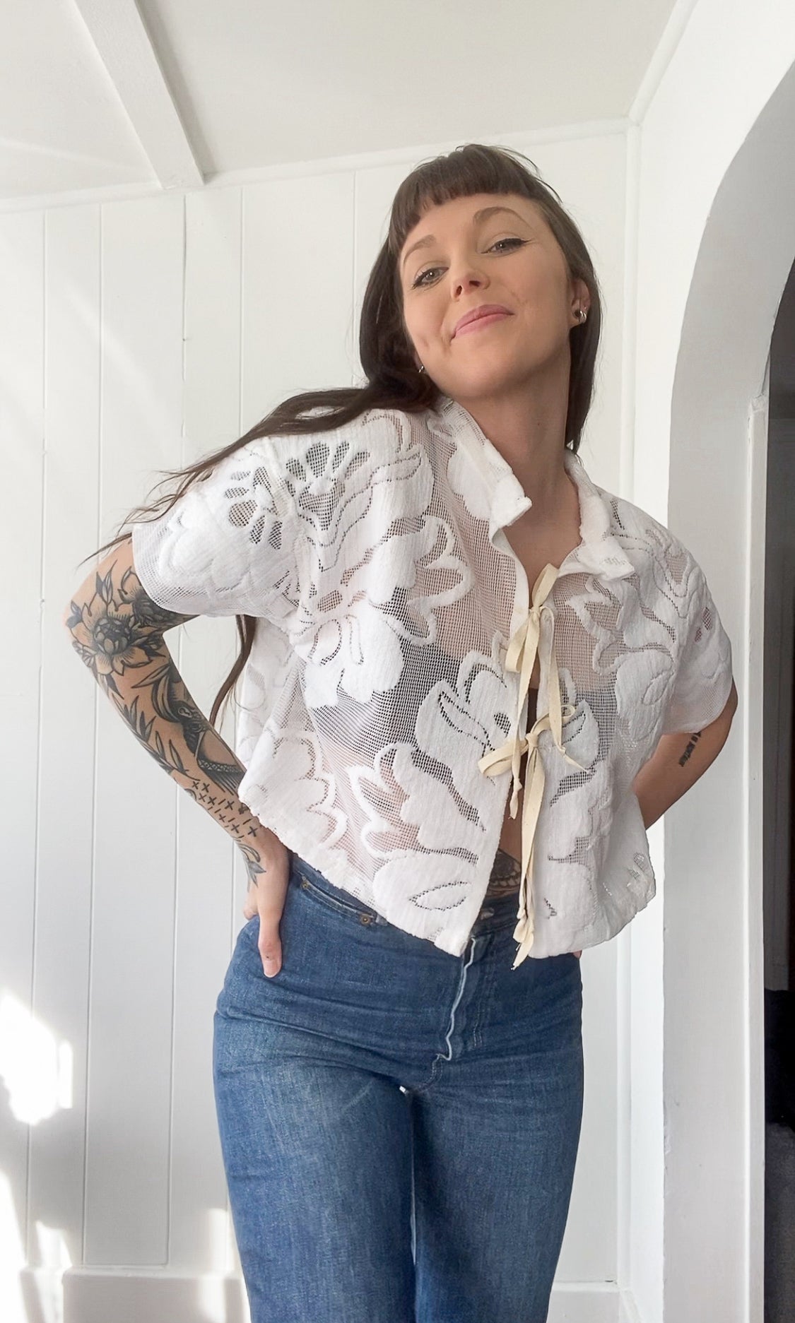 (M) Upcycled Tie Front Lace/Mesh Blouse