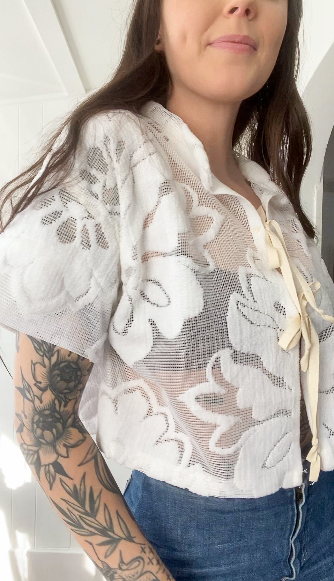 (M) Upcycled Tie Front Lace/Mesh Blouse