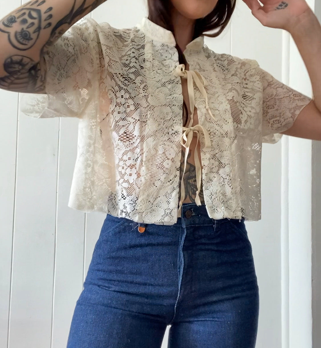 Upcycled Tie Front Lace Blouse
