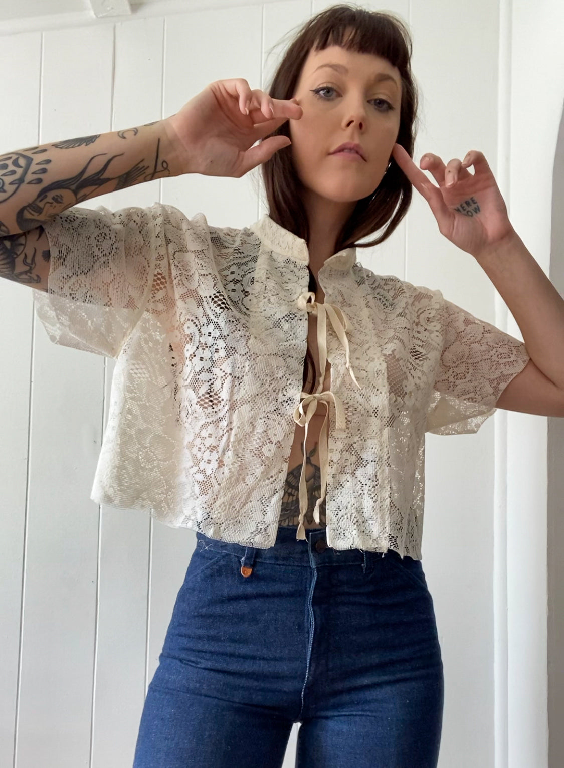 Upcycled Tie Front Lace Blouse