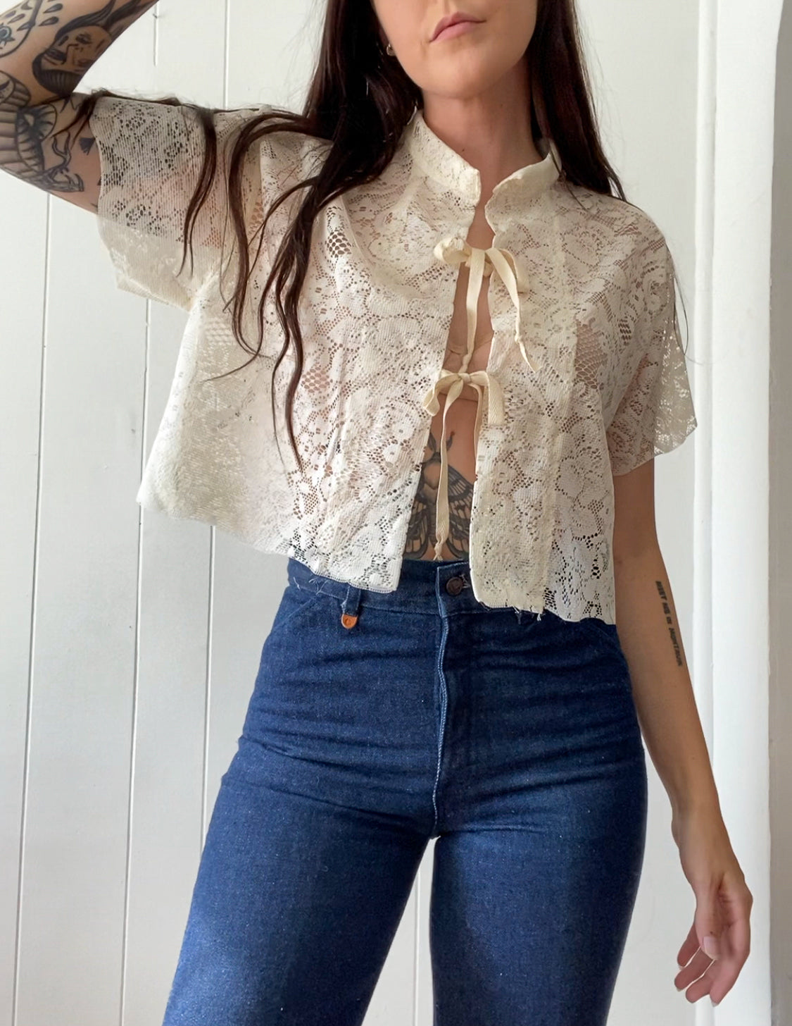 Upcycled Tie Front Lace Blouse