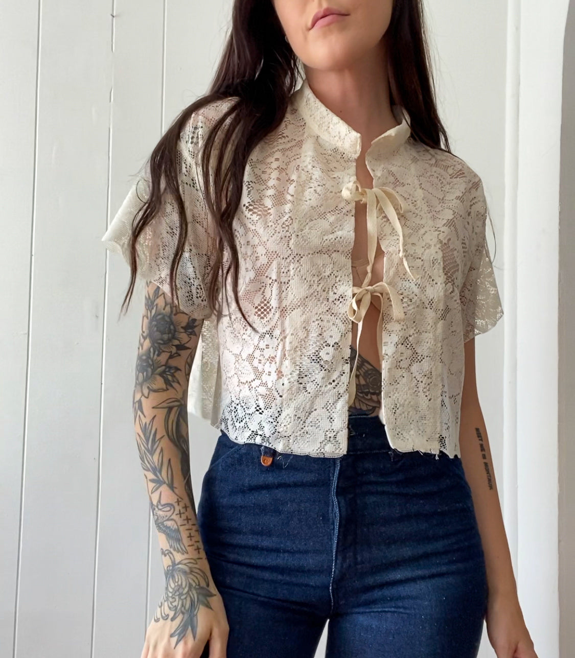 Upcycled Tie Front Lace Blouse