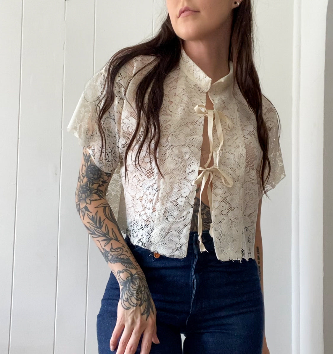 Upcycled Tie Front Lace Blouse