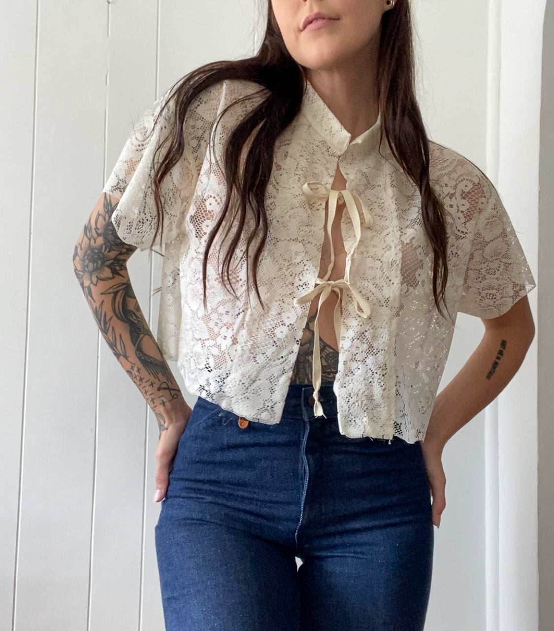 Upcycled Tie Front Lace Blouse