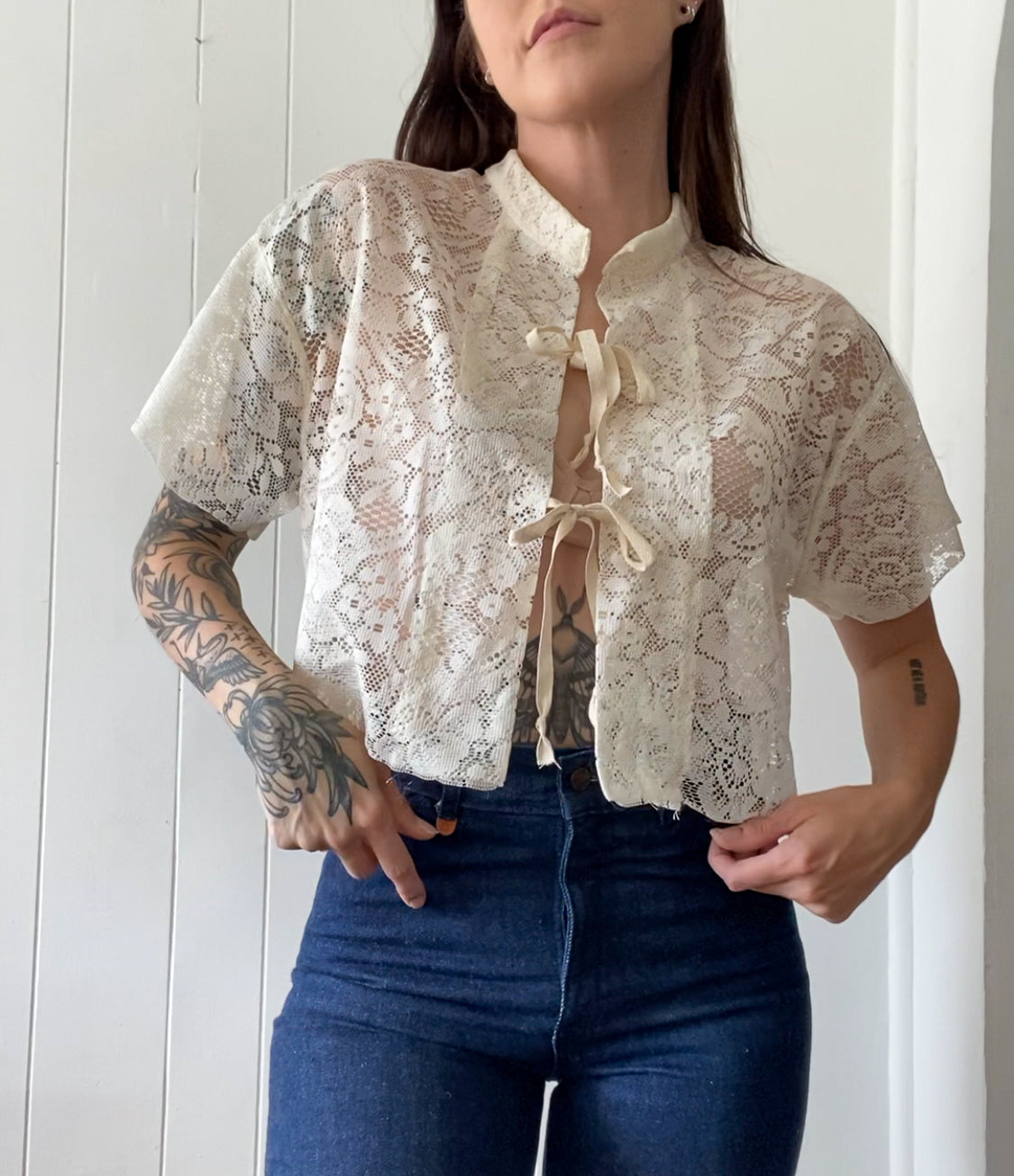 Upcycled Tie Front Lace Blouse